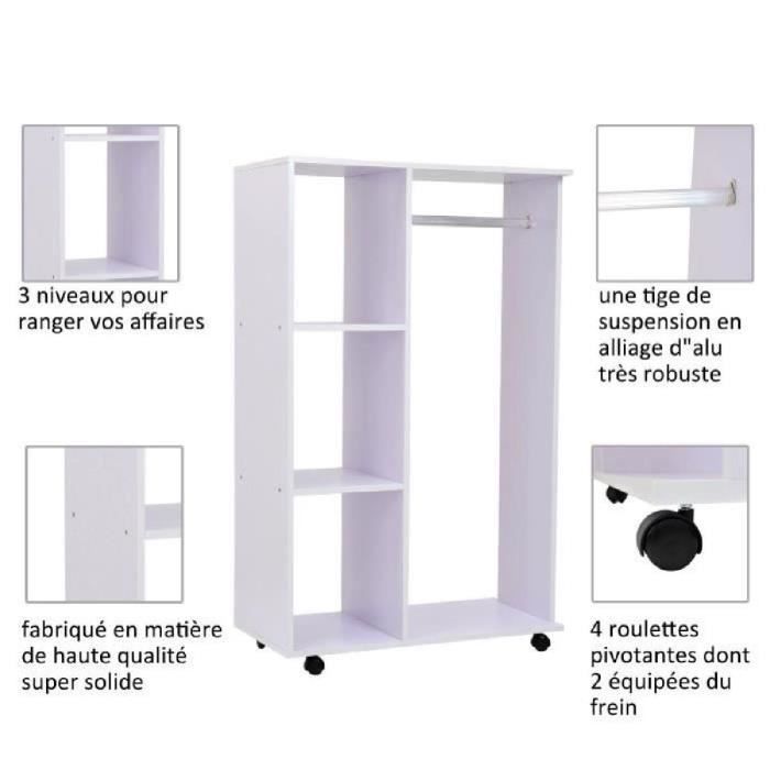 Armoire De Rangement Penderie Dressing Avec Roulettes 3 Niveaux