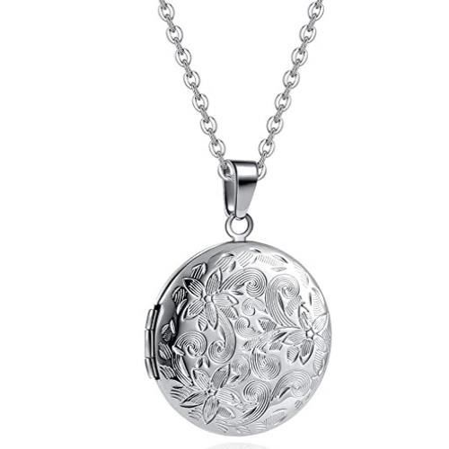 Pendentif - Acier - Médaillon rond - Porte photo - Fleur - Chaîne fine