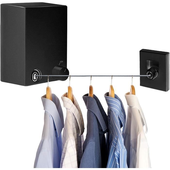 Corde à Linge Extensible 5 M Rétractable - Acier Inoxydable, Charge 20 Kg - Fixation Perçage Ou Adhésif - Pour Intérieur/extérieur