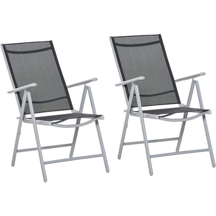 Outsunny Lot de 2 chaises de Jardin Pliantes avec accoudoirs métal époxy textilène Noir Gris 