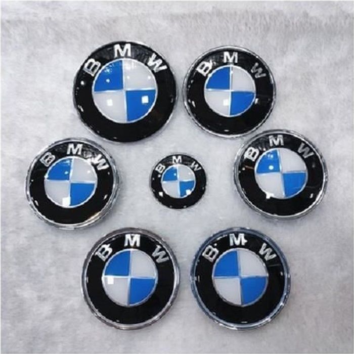 KIT 7 Badge LOGO Embleme BMW Carbone Bleu Blanc Capot 82mm + Coffre 74mm +Volant + 4 x cache moyeu 68mm