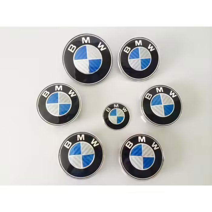 KIT 7 Badge LOGO Embleme BMW Carbone Bleu Blanc Capot 82mm + Coffre 74mm +Volant + 4 x cache moyeu 68mm