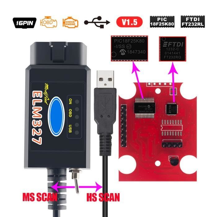 ELM327 USB FTDI HS CAN et MS ELM327, câble de Diagnostic OBD2, puce ELM 327,  matériel 1.5, Bluetooth 327 USB MS HS FTDI - Cdiscount Auto