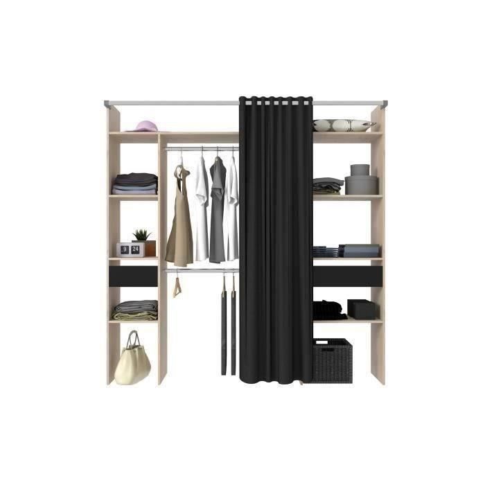 Dressing double ARTIC - L198 x P48 x H203 cm - Décor chêne + rideau noir - Made in France