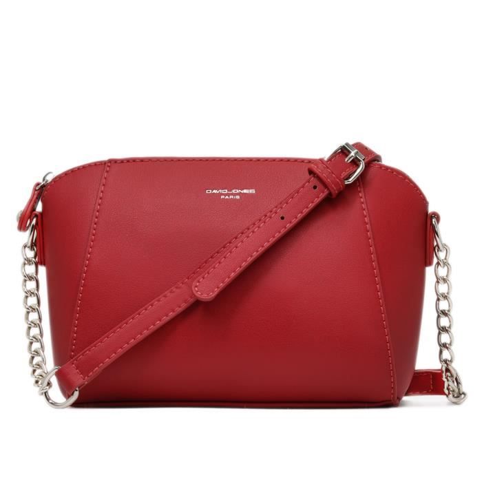 David Jones - Petit Sac Bandoulière Cuir PU Femme - Sac à Main Chaîne Porté Epaule - Besace Sacoche Pochette Soirée Chic - Rouge