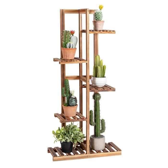 DREAMADE Étagère Plantes 5 Niveaux en Pin, Porte Plante en Bois 6 Tablette Respirante, pour Salon, Jardin, Balcon, Intérieur Extérie