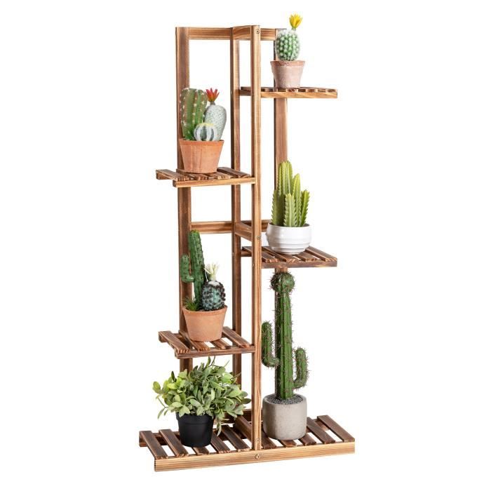 DREAMADE Étagère Plantes 5 Niveaux en Pin, Porte Plante en Bois 6 Tablette Respirante, pour Salon, Jardin, Balcon, Intérieur