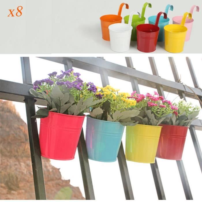 6 couleurs différentes Métal Diamètre : 15 cm Lot de 6 pots de fleurs dans le jardin et à la fenêtre Avec crochets Pour suspendre au balcon 