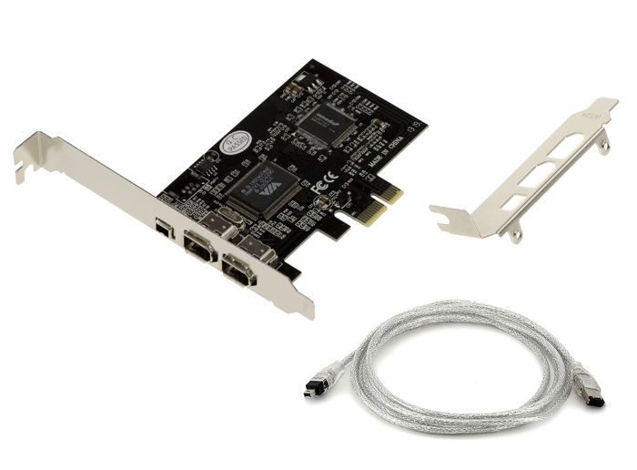 Carte PCIe FireWire 400 IEEE1394a 3 Ports avec Chipset VIA6308 et ASM1083. Equerres High et Low profile, avec cordon Ilink.