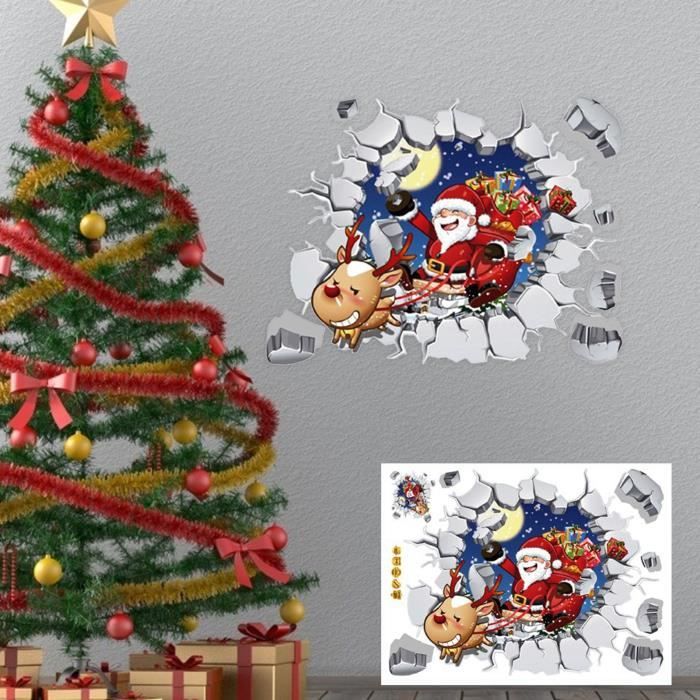 Autocollant Mural 3D Père Noël - Décor De Noël Amovible 30x25 Cm, Effet Mur Cassé