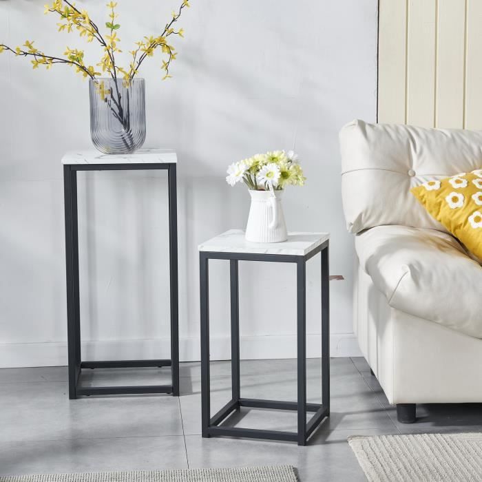 tables basses carré - meubles cosy - lot de 2 - plateaux en mdf imitation marbre - structure en métal noir