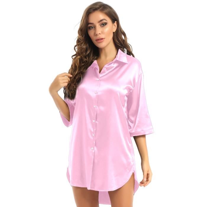 Freebily Chemise de Nuit Femme Satin Ensemble Pyjama Col V Robe de Nuit Robe Peignoir Manches Courtes Sexy Longue Nuisette S XXL Rose Cdiscount Pret a Porter