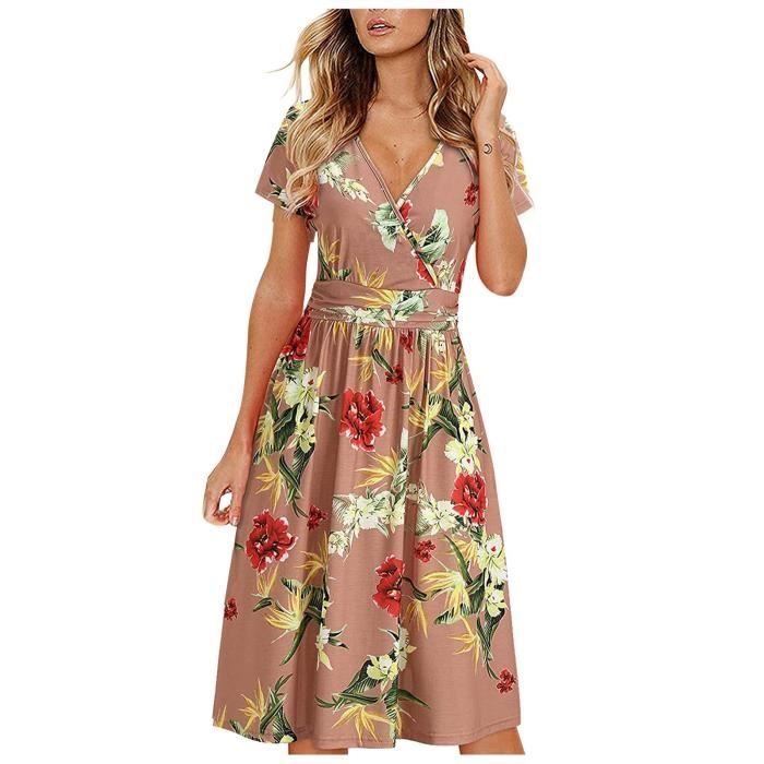 Robe Mi Longue Decontractee A Fleurs D Ete Manches Courtes Et Col En V Pour Femmes La Plage Orange Orange Cdiscount Pret a Porter