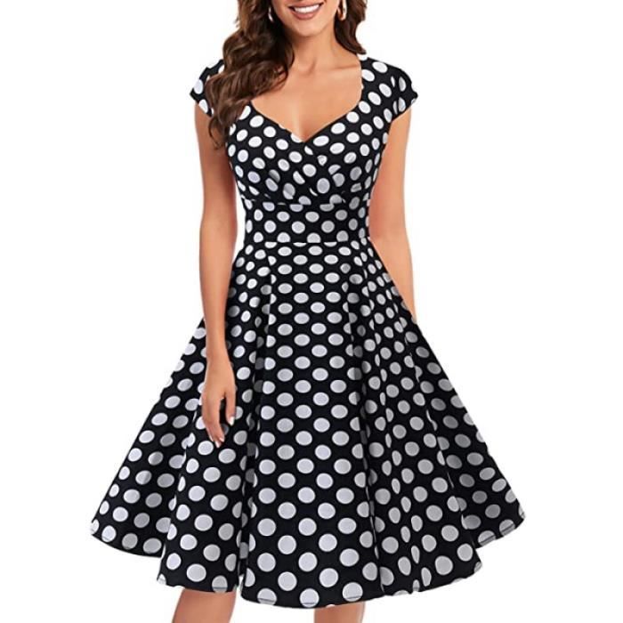 Femme Robe de Cocktail l gant r tro col carr Robe pois noirs