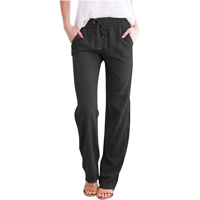 Femme Pantalon en Lin Été Pantalon Fluide Léger avec Poches Pantalon Large  Casual Décontracté - Noir Noir - Cdiscount Prêt-à-Porter