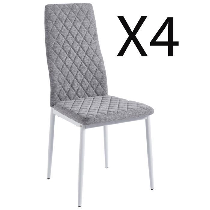 lot de 4 chaises de salle à manger rembourrées en tissu gris, pieds en métal blanc - longueur 43 x profondeur 44 x hauteur 98 cm