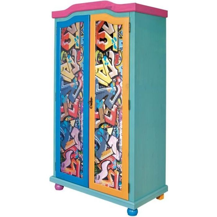 armoire penderie à portes battantes motifs graffiti en bois massif multicolore - l103 x h200 x p55 cm