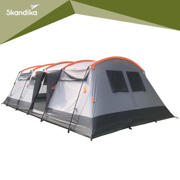Skandika Hurricane 12 Protect - Tente de Camping familiale Tunnel - 12 Personnes - Tapis de sol cousu - 700x405 cm - Gris
