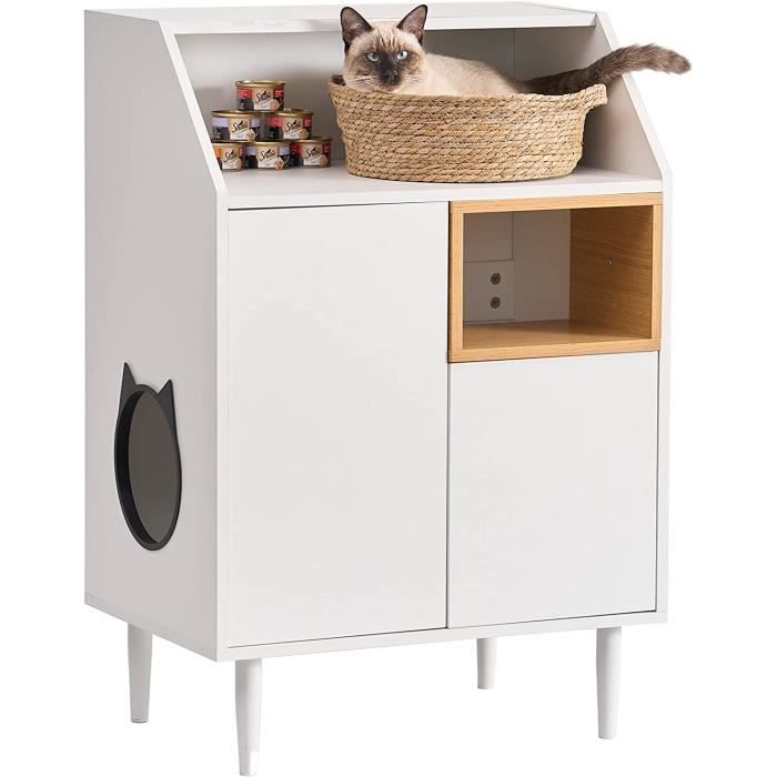 sogeshome maison de chat en bois avec armoires de rangement et tiroirs, meuble de rangement caché pour chat avec trou pour chat