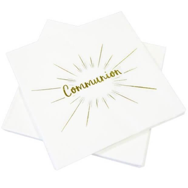 20 Serviettes De Table Communion Blanc Et Or - 33x33cm, 3 Plis, Papier Métallisé