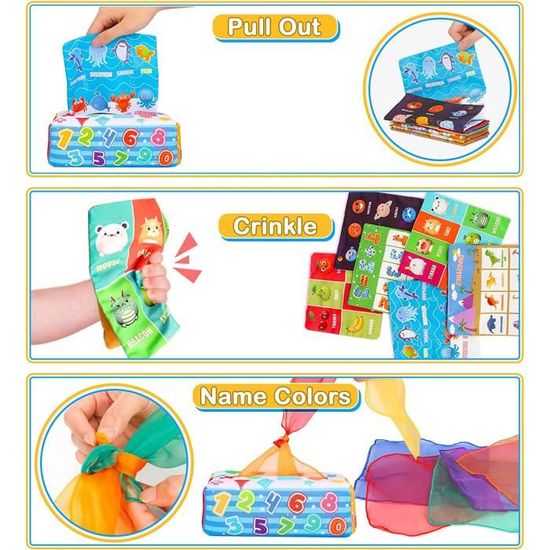 Jouet Montessori Boîte à Mouchoirs Bébé - Avec 10 Foulards Soie Et 3 Papiers Froissés - Éveil Sensoriel 0-12 Mois