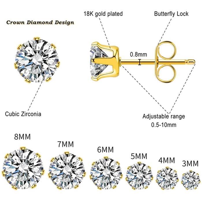Coffret De 16 Paires De Boucles D'oreilles En Titane - 8 Tailles De 3 à 12 Mm, Noir Et Argent, Fermoirs Papillon - 11