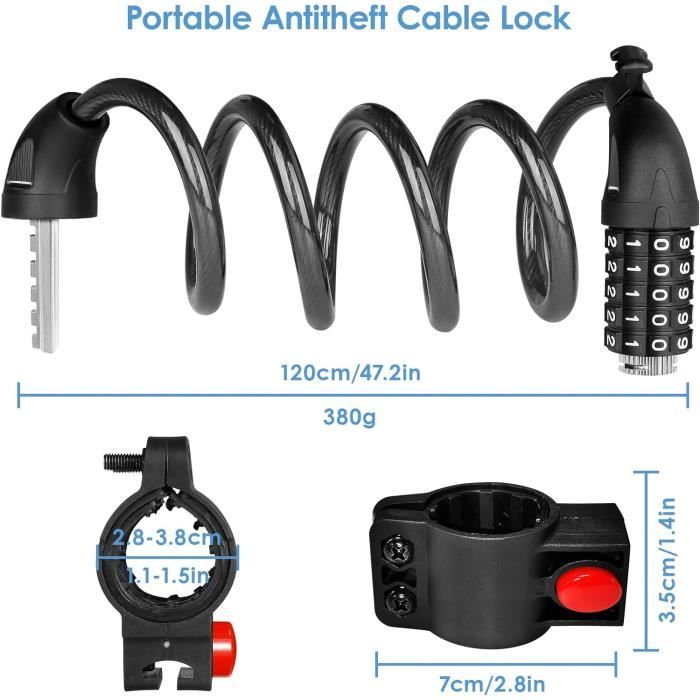 Antivol Vélo Câble 1,2m – Code 5 Chiffres Réglable, Diamètre 12mm – Support Cadre Inclus – Pour VTT, Scooter, Vélo De Ville