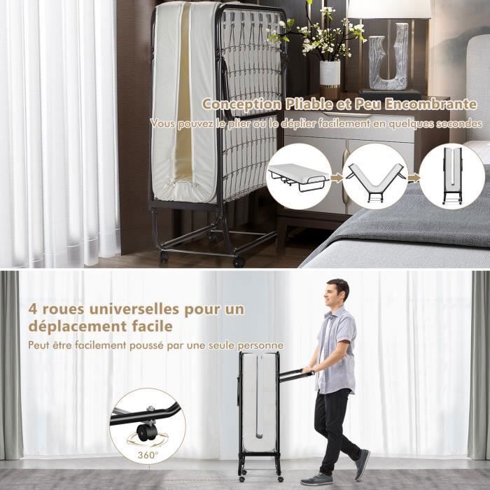 Lit Pliant, Lit Pliant D'appoint Avec Matelas En Mousse De 6,5 Cm Épais