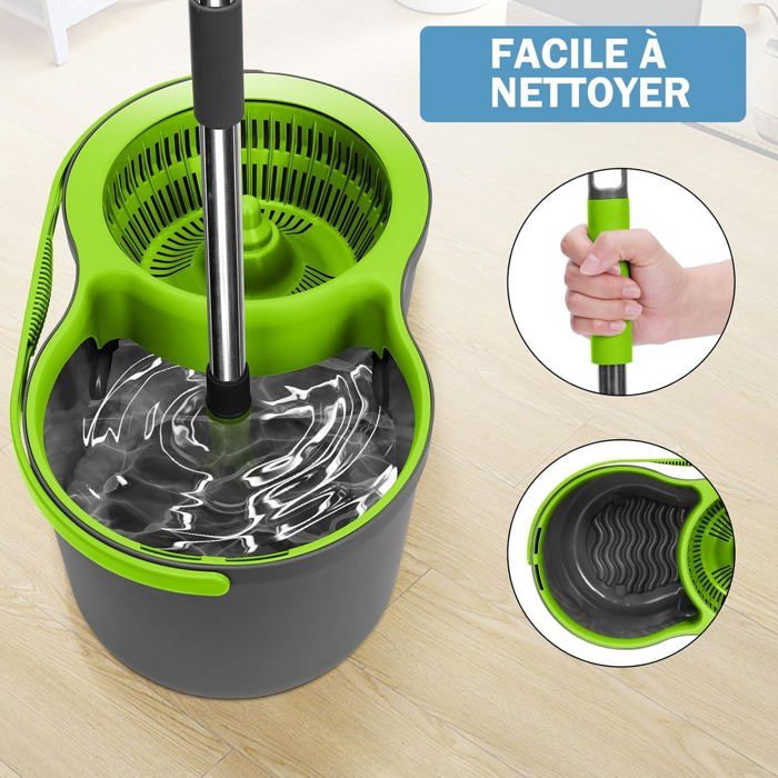 Balai à Franges Rotatif - Séchage Centrifuge, Tête Lavable, Manche Facile à Presser, Pour Sols Carrelés Et Bois - 9