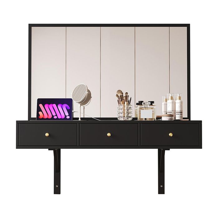 Coiffeuse suspendue noir, miroir, 3 tiroirs, prises électriques ...