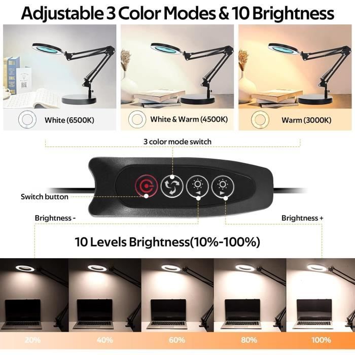 NEWACALOX Lampe Loupe LED 5X 10X Sur Pied - Lampe De Bureau Avec 5 Températures Couleur, Étau Rotatif Pour Lecture Et Bijouterie