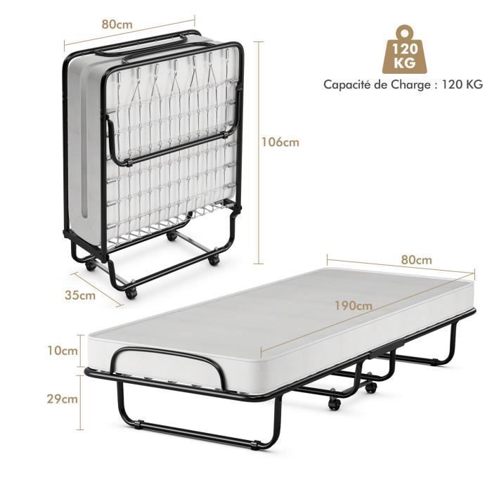 Lit D'appoint Pliant VEVOR 96,5x190 Cm - Matelas Mémoire De Forme 10 Cm, Support 204 Kg