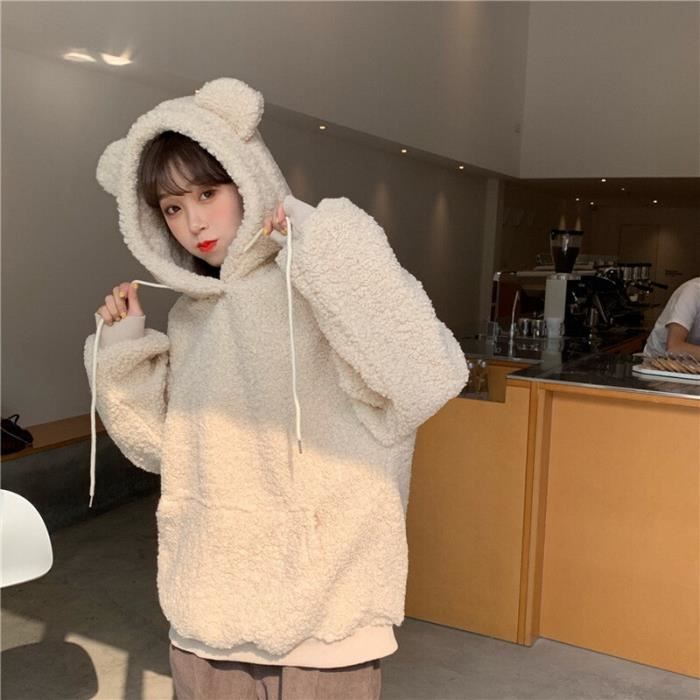Sweat femme sweat a capuche de Style coreen pour femmes surdimensionne decontracte mignon Kawaii chaud ample avec 03 F1251520 Blanc Cdiscount Pret a Porter