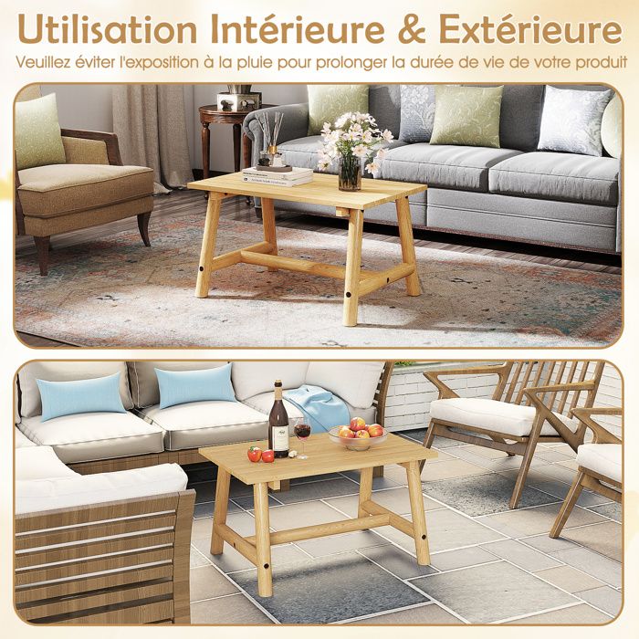 KOMFOTTEU Table Basse Jardin Rectangulaire Bois Acacia Double Niveau - Intérieur Extérieur Naturel