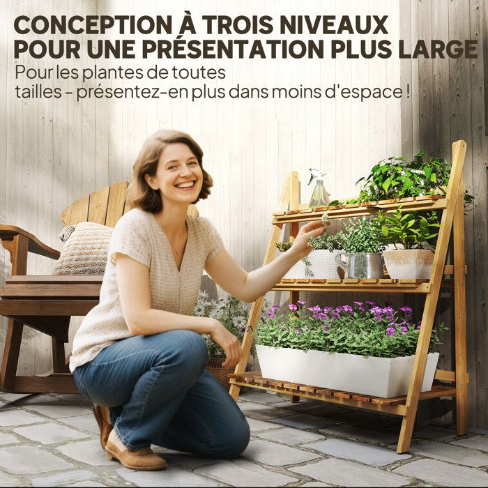 Étagère à Fleurs Pyramide En Bois Non Traité - 3 Niveaux Pour Intérieur Et Extérieur