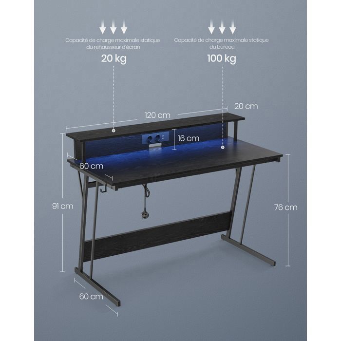 Bureau en L avec Multiprise, Bureau d’Angle, Rehausseur d’Écran, LED, 2 Bureau en L avec Multiprise, Bureau d’Angle, Rehausseur d’Écran, LED, 2