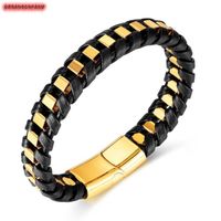 Bijoux Bracelet Hommes-Bracelet en acier inoxydable tressé pour homme avec fermoir magnétique en cuir-Noir/doré