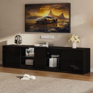 Grand Meuble TV Noir Laqué Et Verre Trempé, Acier Inoxydable, D'occasion