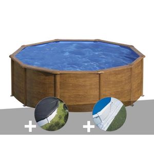 PISCINE Kit piscine acier aspect bois Gré Pacific ronde 4,80 x 1,22 m + Bâche d'hivernage + Tapis de sol 480,00 x 122,00 Bois
