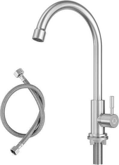 Robinet Eau Froide Acier Inox Pour Lavabo - Avec Tuyau 60cm, Monocommande, Pour Salle De Bain Ou WC