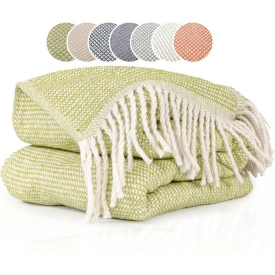 LONG CREATE Couverture En Chenille Vert Foncé 127 X 152 Cm - Jeté Doux Bohème Avec Franges Pour Canapé Et Lit