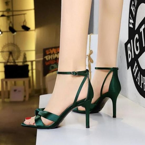 Escarpin Femme d ete a talons hauts en satin de soie croise avec bout ouvert Vert 8.5cm Achat Vente Escarpin Femme d ete a talons hauts en satin de soie croise avec bout ouvert Vert 8.5cm pas cher Cdi...