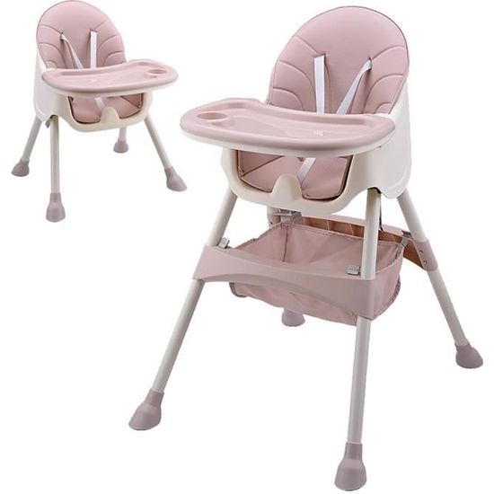 Chaise haute bébé repas SINBIDE - 2 hauteurs réglables - plateau réglable - Ceinture de sécurité ROSE