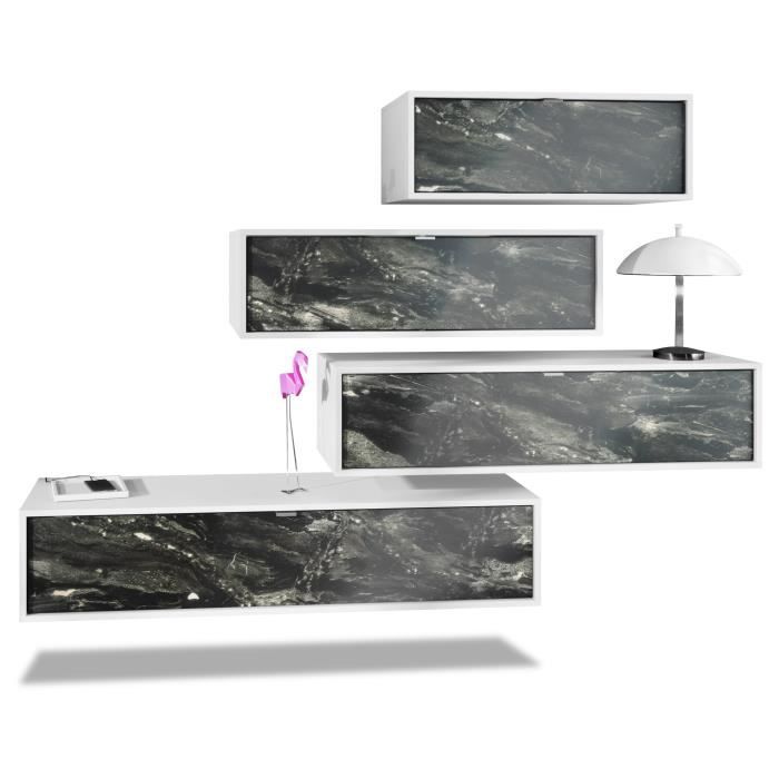vladon meuble tv mural complet lana v3 composée de 4 unités murales à 10 compartiments, en blanc mat - marbre graphite