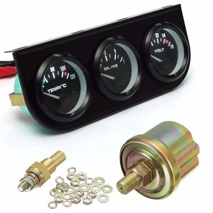 Jauge Triple 3-en-1 52mm – Voltmètre, Température Eau, Pression Huile – Avec Capteurs – Pour Voiture, Camion, Tracteur