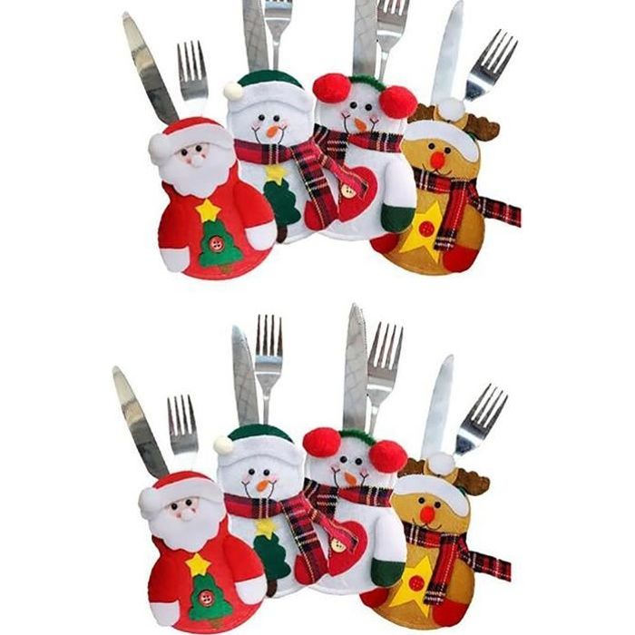 SSStancy 8pcs Porte-Couverts Père Santa Claus Noël Bonhomme De Neige Cerf Sac De Vaisselle Décoration De Table Noël