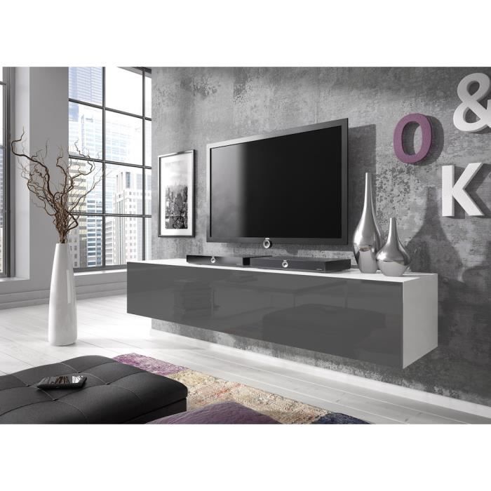 Meuble TV flottant Rocco 160 cm (corps mat Blanc - portes Gris haute brillant)