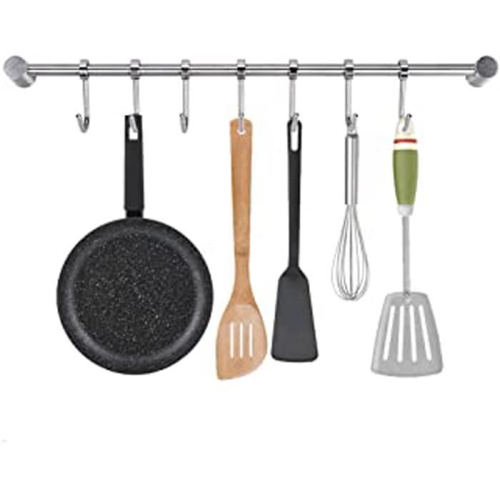 Barre Ustensiles de Cuisine Barre Crédence Cuisine en Acier INOX Mural 40cm avec 7 Crochets Amovible pour Suspendre Support Les Uste