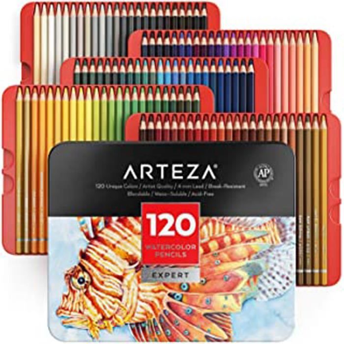 Crayons Arteza pour aquarelle professionnels pour adultes et enfants, lot de 120, crayons de couleur solubles dans l'eau pour techni