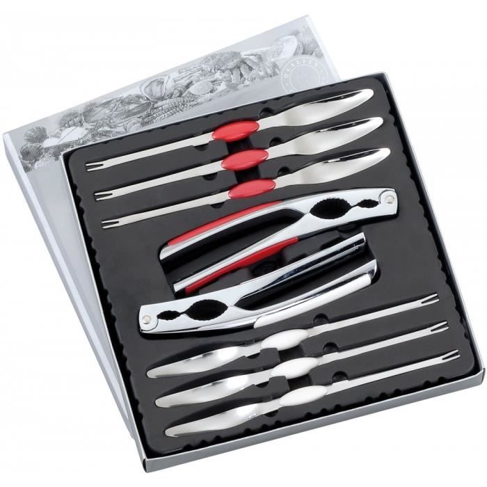 Service a Fruit de Mer Inox 8pcs - Rouge - Pince Curette Crustacés - 380